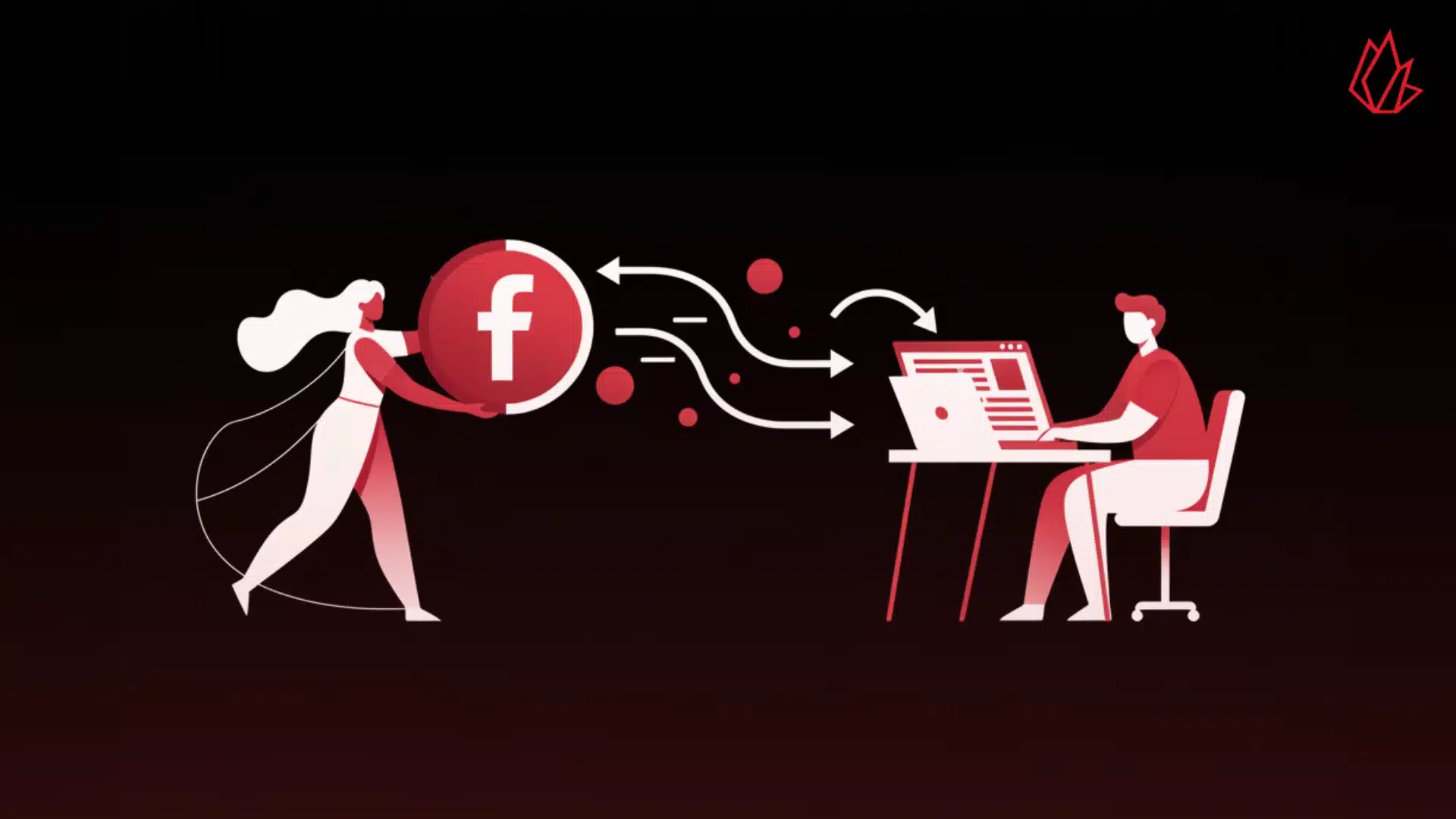 En esta imagen, una persona a la izquierda sostiene un gran logo de Facebook con "f". Las flechas fluyen desde el logo hacia una persona sentada en un ordenador a la derecha, que está mirando una página de blog. Esto representa visualmente el concepto central del artículo: usar Facebook como un canal potente para dirigir a los usuarios a tu blog. La ilustración capta la esencia de la guía, que ofrece estrategias probadas para transformar una presencia en Facebook en un motor constante que genere tráfico desde Facebook hacia tu blog.