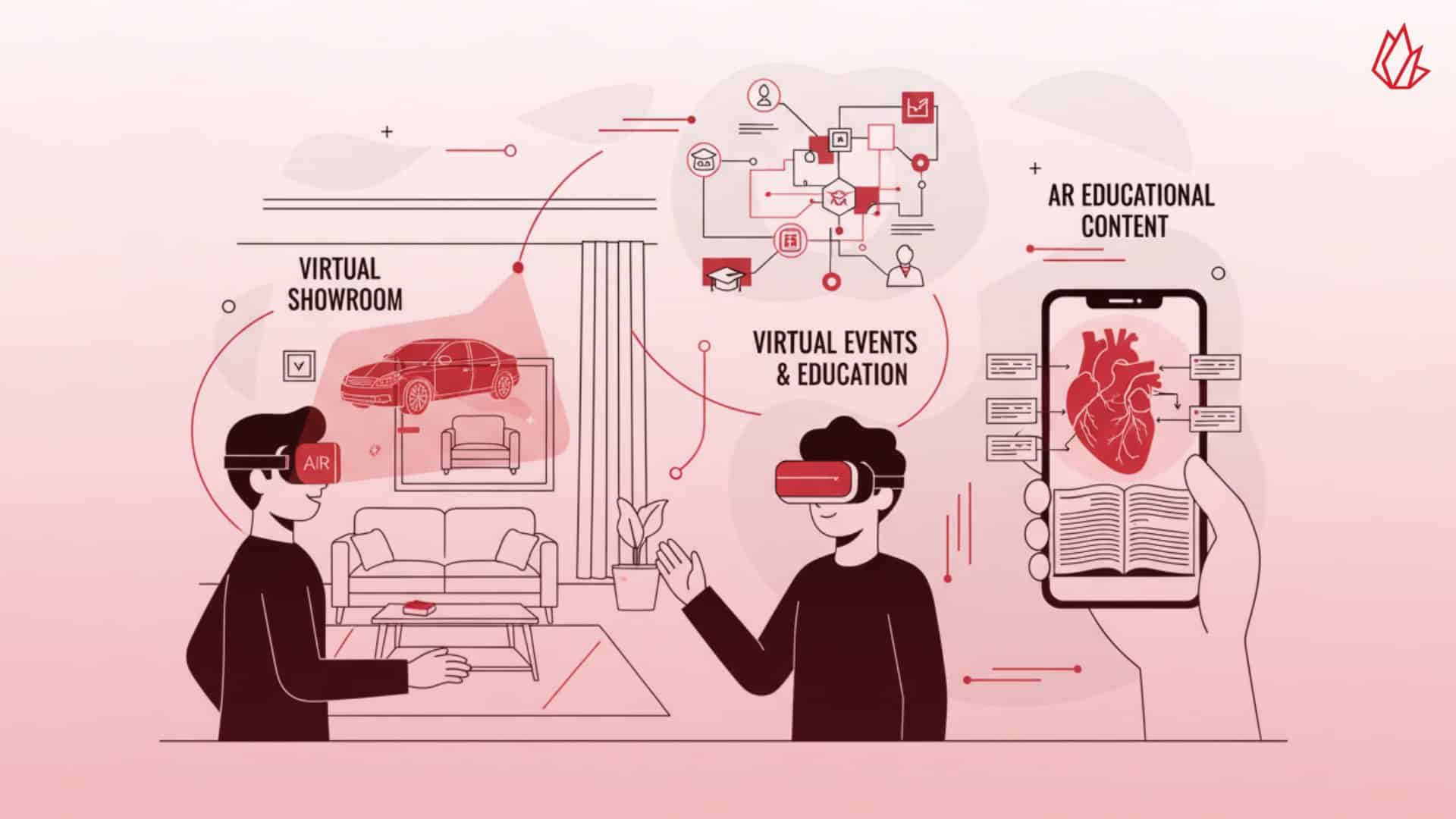 This image displays a person wearing a VR headset and interacting with virtual elements, representing how brands use AR and VR for immersive creative content marketing. This technology creates engaging experiences like virtual showrooms or interactive product demos that allow customers to visualize items in their own space.