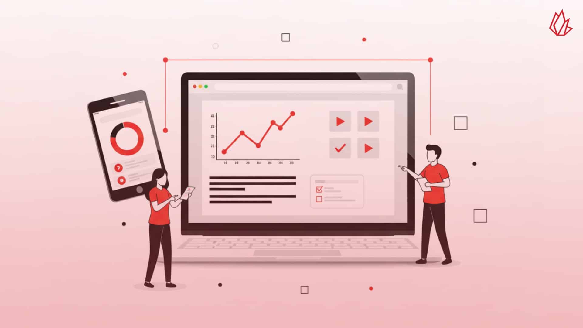 This illustration depicts a blog as a central hub, with two people interacting with a laptop and a mobile device. The image represents how blog posts have evolved into interactive learning experiences that go beyond static text. This format combines written content with visual elements like infographics and video to accommodate different learning preferences.