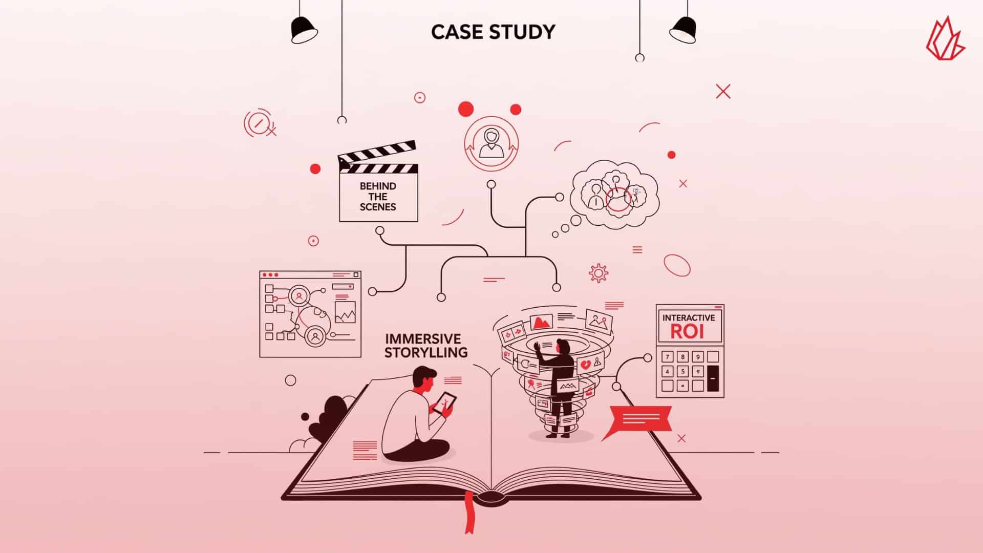 This image shows an open book with various icons and symbols flowing from it, suggesting that case studies have become immersive storytelling experiences. The illustration highlights how these case studies can include interactive elements, such as timelines and behind-the-scenes content, to provide multiple perspectives on a customer's journey