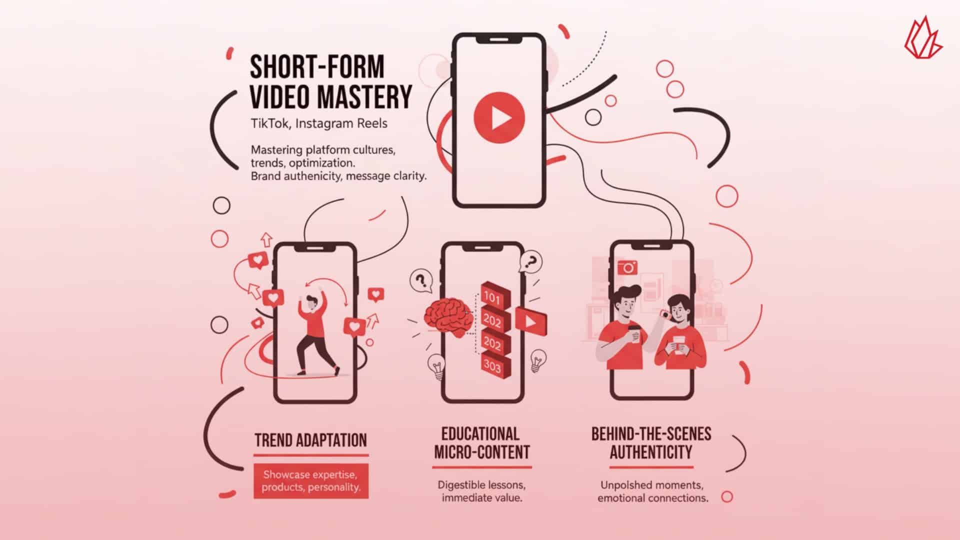 This illustration shows three phones, representing how short-form video requires mastering platform-specific cultures and trends. This type of creative content marketing distills complex topics into digestible, shareable lessons. The image also highlights the importance of behind-the-scenes authenticity to build emotional connections with audiences.