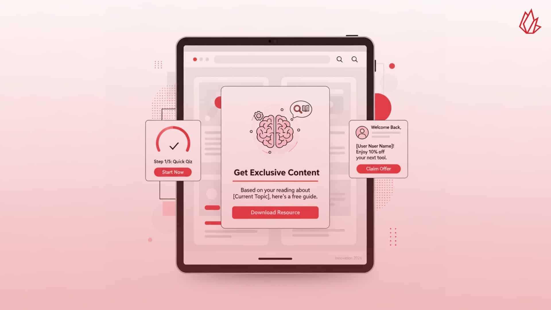 This image shows a tablet with a pop-up offering an exclusive resource, representing how pop-ups have evolved to focus on value delivery and user experience. In creative content marketing, pop-ups are customized with personalization algorithms and offer contextual resources that relate directly to the content the user is viewing. This strategy builds trust by offering incremental value.