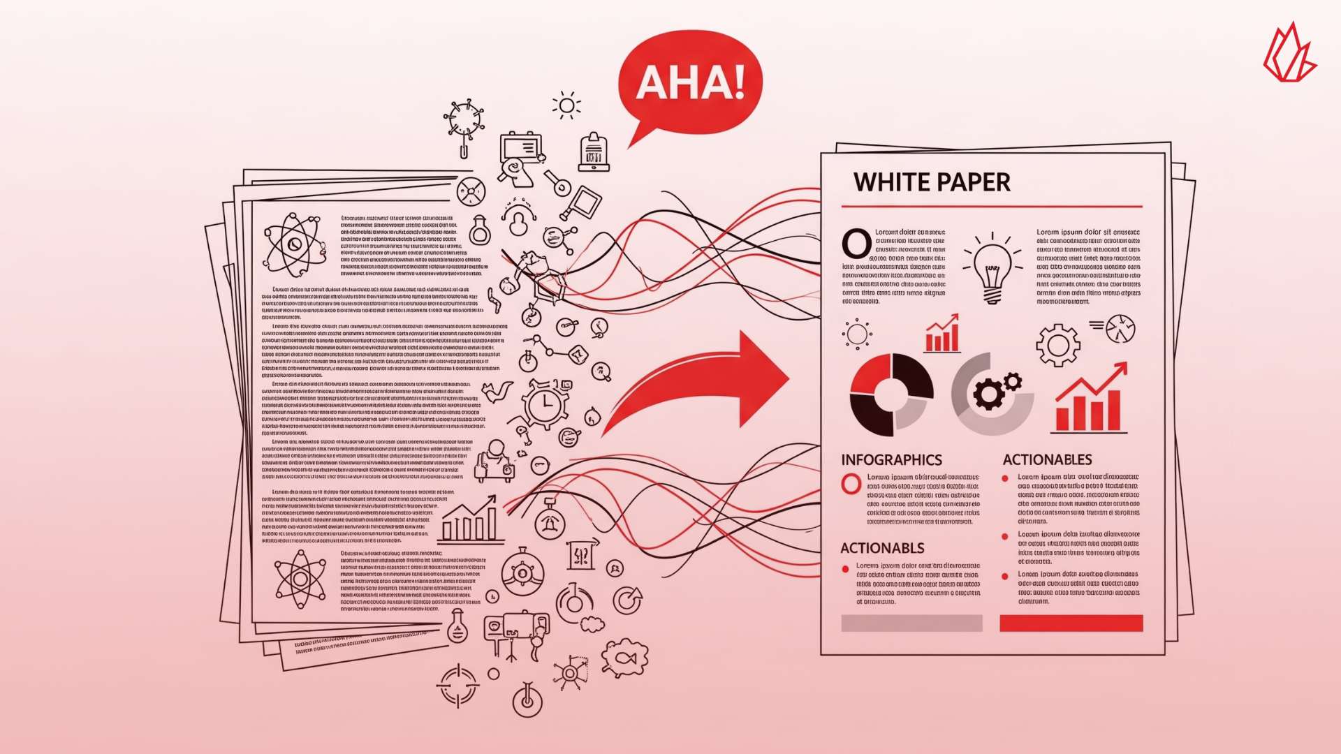 This illustration shows a stack of papers with an arrow pointing to a concise, well-organized white paper, representing how this format has evolved. In creative content marketing, white papers transform dense research into engaging narratives that make complex information accessible. They often include data storytelling and interactive dashboards to help readers understand how findings apply to their specific roles.
