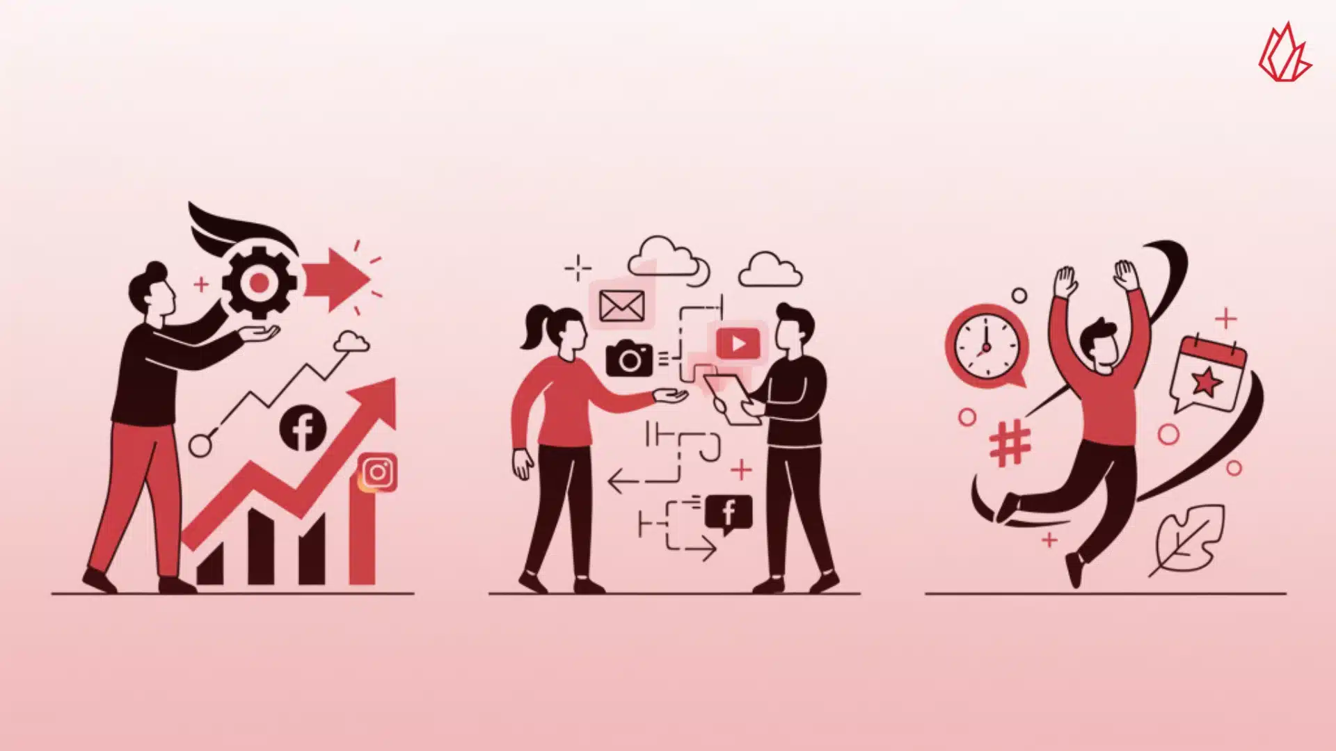 This image features three distinct scenes, each representing an advanced tactic. The first shows two people working together to raise a bar chart, symbolizing collaboration and growth. The second shows two people exchanging a camera, a video icon, and a laptop, representing cross-platform integration and using a variety of media. The final image shows a person jumping with a calendar and hashtag icons, representing the use of trending and seasonal content. These advanced methods can help you drive traffic from Facebook to your blog by leveraging new features, integrating platforms, and capitalizing on trends.