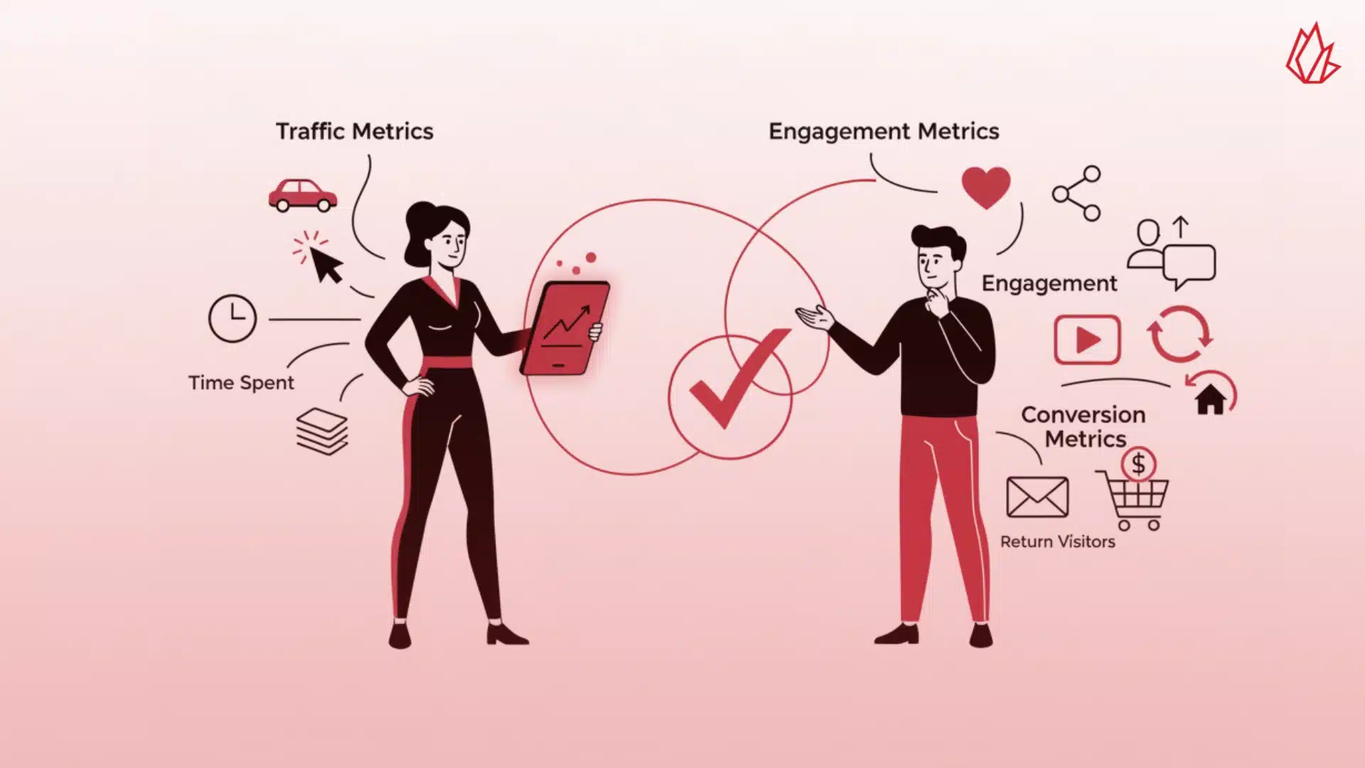 This illustration shows a person on the left surrounded by icons for traffic metrics like cars and clock faces, while a person on the right is surrounded by icons for engagement metrics like hearts, shares, and a video play button. A central check mark links the two, emphasizing how both are key to a successful strategy. This visual highlights the importance of tracking both traffic metrics (like website sessions and clicks) and engagement metrics (like post engagement and follower growth) to effectively drive traffic from Facebook to your blog