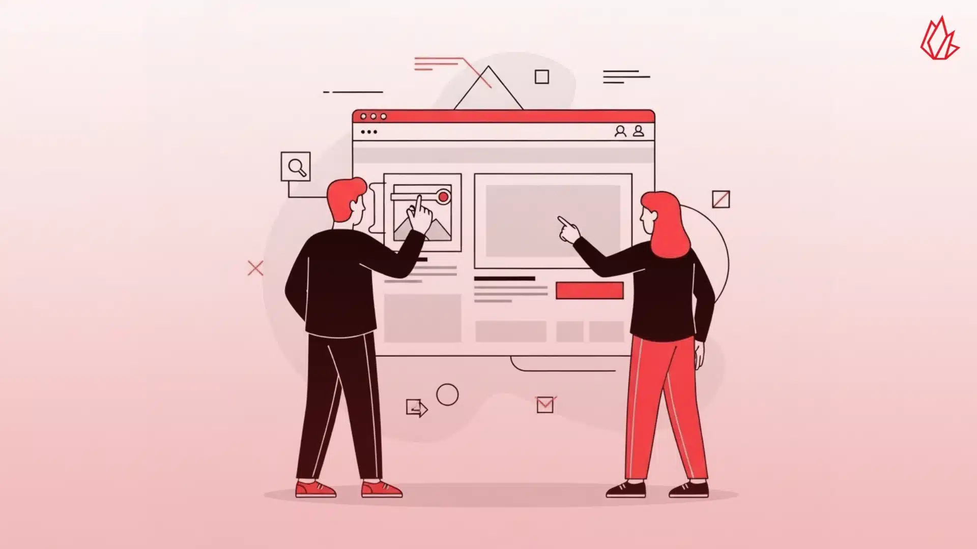 This image shows a man and a woman pointing to different elements on a large Facebook page layout, including a cover photo, a profile picture, and a call-to-action button. This represents the key steps in optimizing a Facebook page to serve as a strong foundation for your marketing efforts. The visual reinforces the importance of a complete and professional page setup to effectively drive traffic from Facebook to your blog