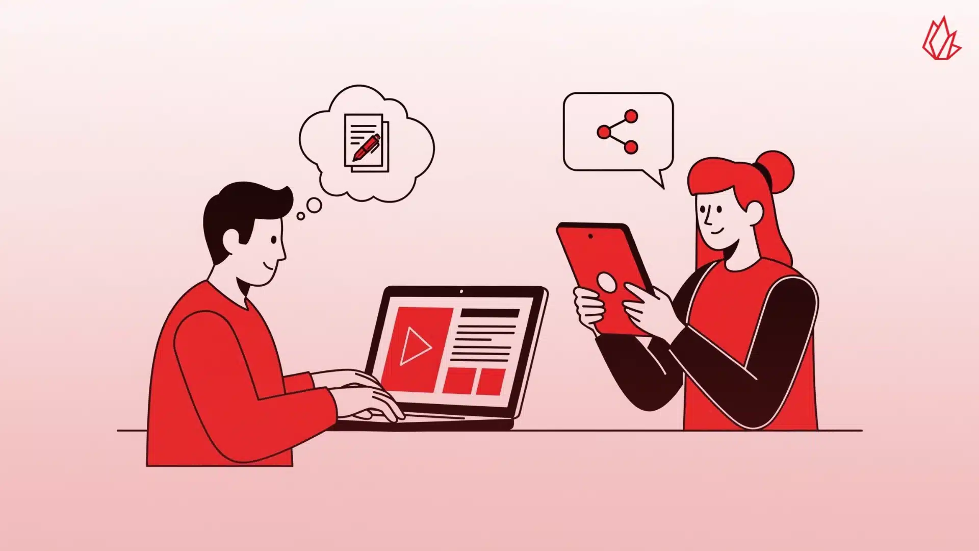 The illustration shows a man working on a laptop with a thought bubble of a document and pencil above him, while a woman holds a tablet with a share icon. This highlights the process of creating valuable content and then strategically sharing it on the platform. The image visually captures the core concept of mastering both the content creation and the content distribution aspects to successfully drive traffic from Facebook to your blog