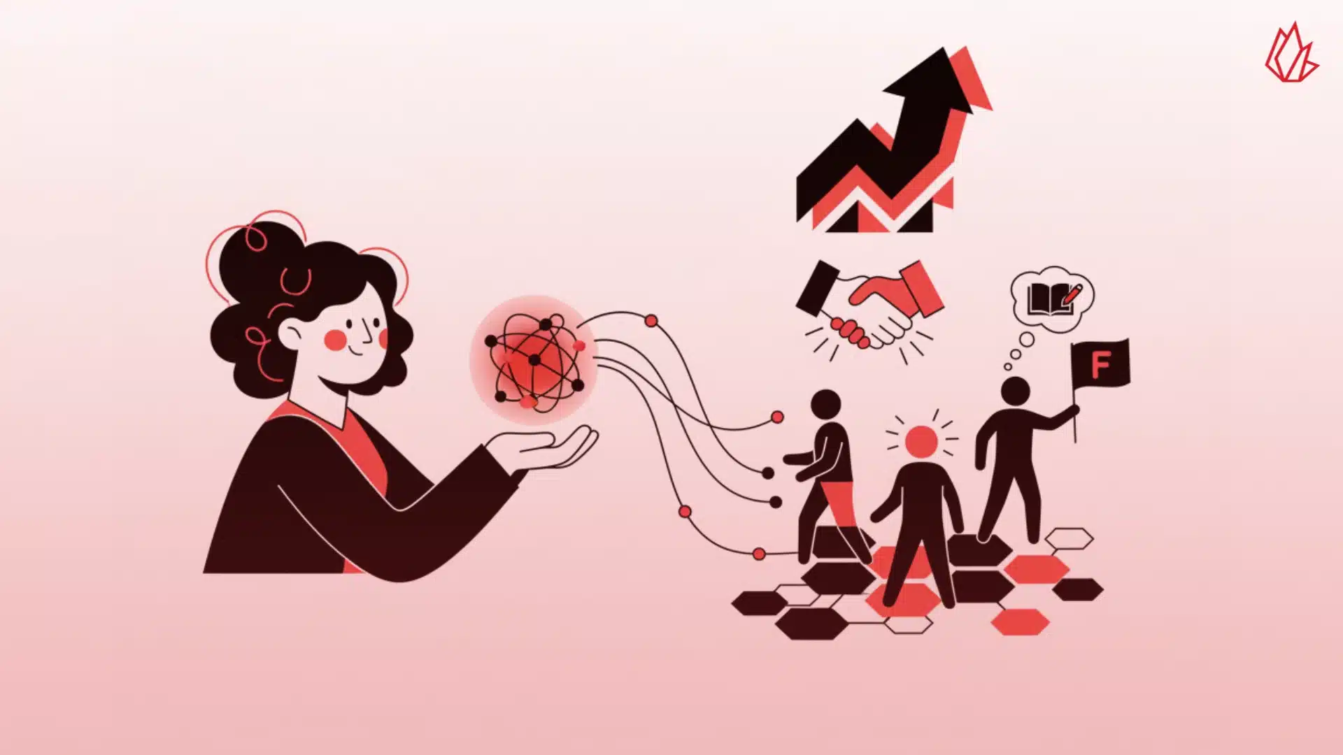This illustration shows a person holding a web of connections that lead to other individuals who are part of a community. The group is engaged with a blog, a handshake, and a Facebook flag, signifying genuine community building. This emphasizes that creating a Facebook Group and engaging authentically can lead to better organic reach than a standard page. Building these relationships is a powerful method to consistently drive traffic from Facebook to your blog.