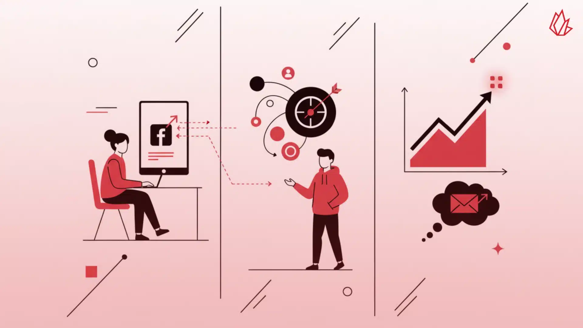 This image is divided into three panels, representing the process of a strategic ad campaign. The first panel shows a person at a computer targeting a Facebook ad. The middle panel depicts a person explaining the ad's reach, represented by a target and an arrow hitting a bullseye. The final panel shows an upward trend graph and an email icon, symbolizing growth and conversions. The image illustrates how strategic paid promotion can be used to drive traffic from Facebook to your blog and build an email list