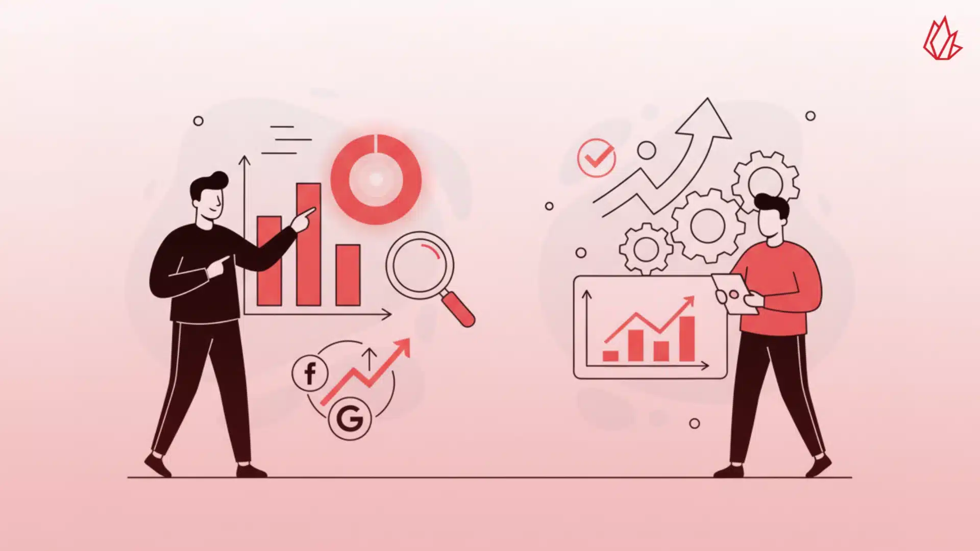 The image presents two individuals involved in performance analysis. The one on the left points to a bar chart with a Facebook and Google logo, highlighting the importance of using Facebook Insights and Google Analytics to track performance. The person on the right holds a tablet, symbolizing the use of data and metrics to refine strategy. This visual reinforces that regularly analyzing data is essential for understanding what is working and what to optimize to successfully drive traffic from Facebook to your blog.
