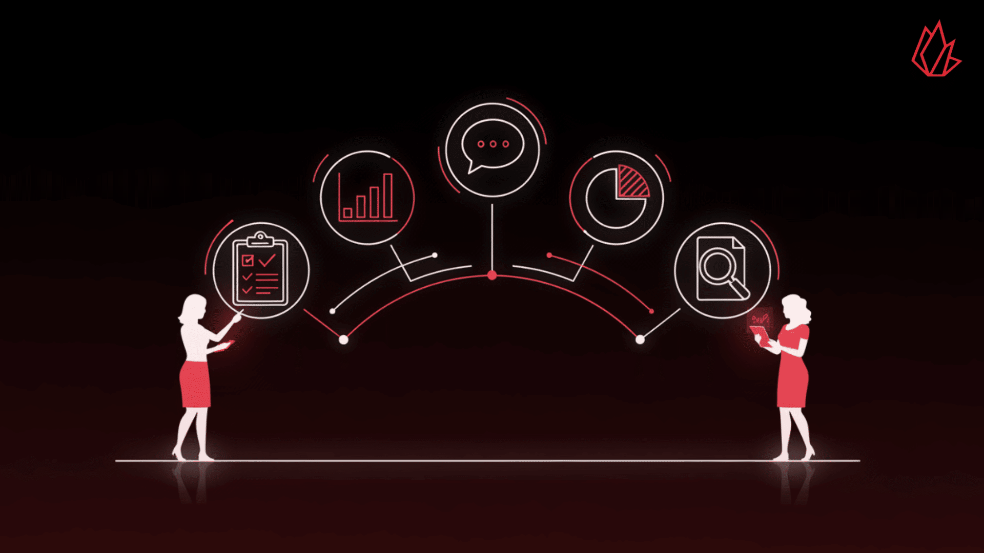 L'image représente deux femmes de part et d'autre d'un arc de cercle, chacune tenant un appareil numérique. Elles interagissent avec diverses icônes flottantes qui symbolisent les capacités des outils de sondage en ligne gratuits : une liste de contrôle pour la collecte de données, un graphique à barres pour l'analyse des résultats, une bulle de dialogue pour les commentaires des clients, un graphique en camembert pour visualiser les pourcentages, et une loupe pour la recherche d'informations. Cette illustration évoque l'idée de transformer les opinions en données exploitables pour une stratégie commerciale efficace.